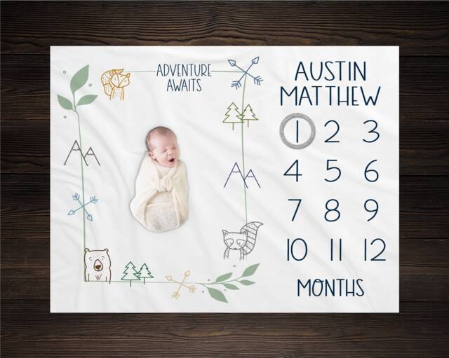 Adventure Awaits Baby Milestone Blanket, Woodland Personalized Today I Am Boy, Bm27 - image 1