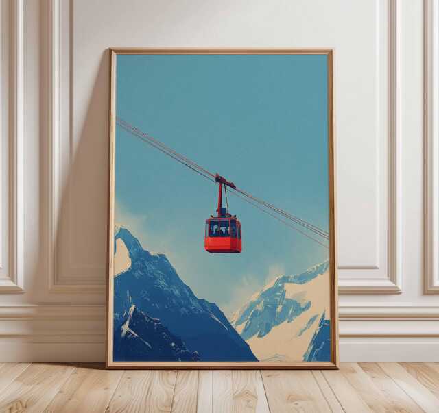 Red Ski Gondola Art Print Poster, Minimalist Graphic Mountain Travel Wall Decor Unique Gift - image 1