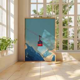 Red Ski Gondola Art Print Poster, Minimalist Graphic Mountain Travel Wall Decor Unique Gift - thumbnail 3