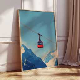 Red Ski Gondola Art Print Poster, Minimalist Graphic Mountain Travel Wall Decor Unique Gift - thumbnail 2