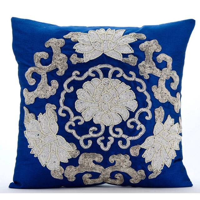 "Decorative Medallion, Sequins Embellished Royal Blue Sofa Throw Pillow Large 24""x24""/26""x26" - image 1