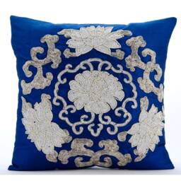 "Decorative Medallion, Sequins Embellished Royal Blue Sofa Throw Pillow Large 24""x24""/26""x26" - thumbnail 1