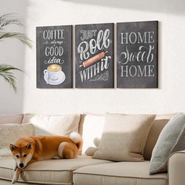 Canvas Set Of 3 Wall Art - Coffee, Roller, Home Warmth & Coziness, Gray Photo Print, Sentences Hanging Piece - image 1