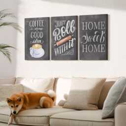 Canvas Set Of 3 Wall Art - Coffee, Roller, Home Warmth & Coziness, Gray Photo Print, Sentences Hanging Piece - thumbnail 1