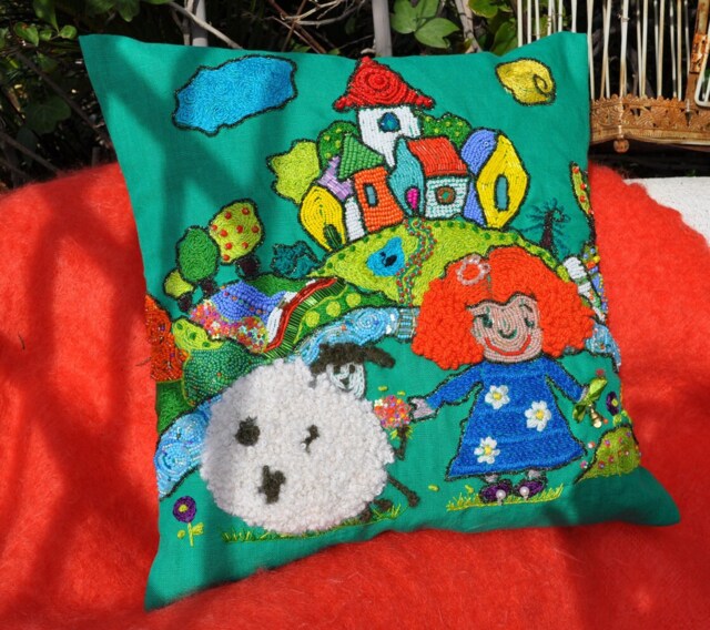 Embroidered Pillow, Hand Embroidery, Linen Green Cushion, Art Deco Style, Boho Style Collectible Embroidery - image 1