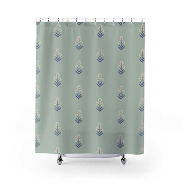 Shower Curtain, Boho Floral Block Print, Lavender Coral Mint Green, Bohemian Home Accents, Flower Pattern Bathroom Decor, Print Bath - image 1