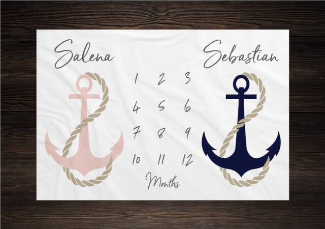Anchor Twin Milestone Blanket Gender Neutral Growth Tracker Baby Shower Gift Twins Nautical Nursery Newborn Boy Girl - image 1
