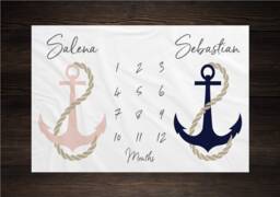 Anchor Twin Milestone Blanket Gender Neutral Growth Tracker Baby Shower Gift Twins Nautical Nursery Newborn Boy Girl - thumbnail 1