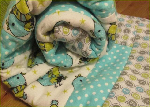 Blue Bird Baby Quilt Teal Green Flannel Crib Blanket - image 1