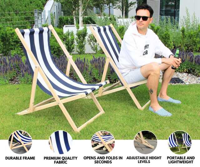 Set Of 2 Folding Wooden Deck Chairs - Marine Style Navy & White Striped Canvas Adjustable Outdoor Recliners For Beach, Garden, & Patio