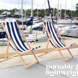 Set Of 2 Folding Wooden Deck Chairs - Marine Style Navy & White Striped Canvas Adjustable Outdoor Recliners For Beach, Garden, & Patio - thumbnail 3