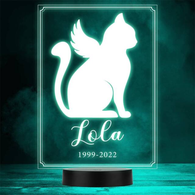 Pet Memorial Silhouette Angel Cat Loss Personalised Gift Colour Night Light - image 1