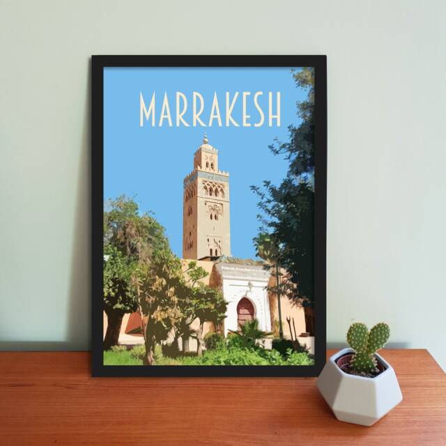 Marrakesh Travel Poster - Retro Style Koutoubia Mosque Art Print - image 1