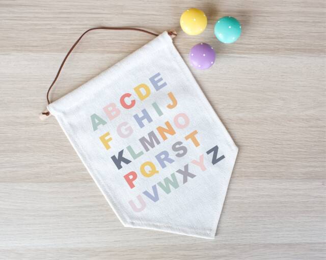 Rainbow Alphabet Linen Flag, New Baby Gift, Wedding Or Anniversary Gift, Nursery Decor, Wall Banner Flag, Pennant Room Decor - image 1
