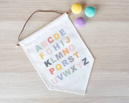 Rainbow Alphabet Linen Flag, New Baby Gift, Wedding Or Anniversary Gift, Nursery Decor, Wall Banner Flag, Pennant Room Decor - thumbnail 1