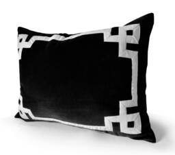 Black Velvet Pillow, White Trellis Throw Pillow Cover, Greek Key Trim Applique Velvet, Housewarming Gift - thumbnail 1