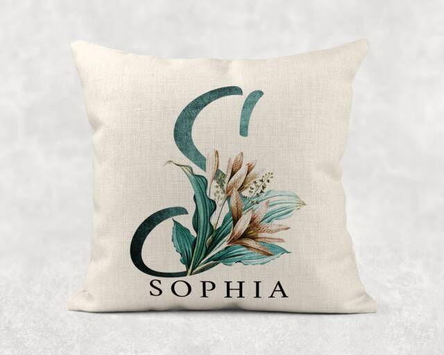 Personalised Initial & Name Floral Linen Cushion Custom Pillow Cover . Girls/Mum/Nan/Grandma Wedding/Aniversary/Birthday Gift - image 1
