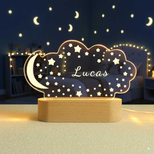 Personalised Baby Birthday Led Moon Star Lamp, Clouds Night Light With Name, Kid Gift, Nursery Table Light, Easter Gift For Kids - image 1
