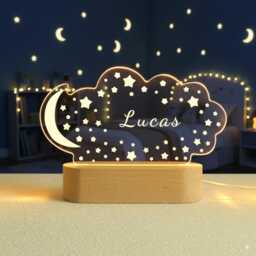 Personalised Baby Birthday Led Moon Star Lamp, Clouds Night Light With Name, Kid Gift, Nursery Table Light, Easter Gift For Kids - thumbnail 1