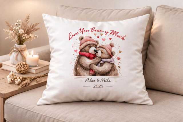 Love You Beary Much Pillow Bear Couple Cushion Personalized Valentine's Gift Cute Decor Custom Name 43x43 - image 1