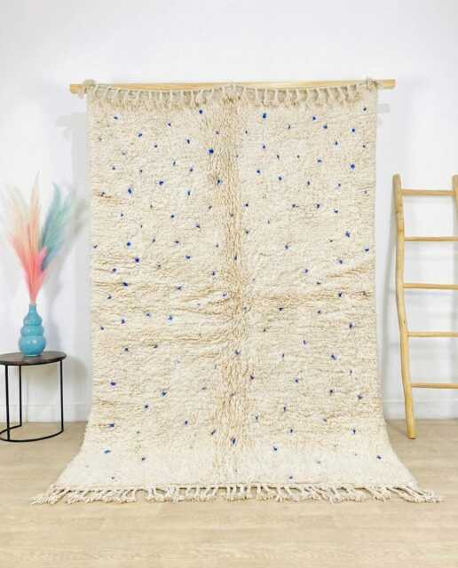 Cream Moroccan Beni Ourain Rug With Blue Dots - Handmade Wool Berber Shag Area - image 1