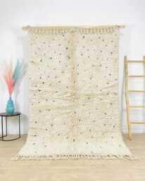 Cream Moroccan Beni Ourain Rug With Blue Dots - Handmade Wool Berber Shag Area