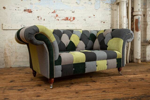2 Seater Patchwork Chesterfield Sofa - Green & Grey Velvets Herringbone Wool, Unique British Handmade Furniture - image 1