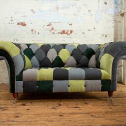 2 Seater Patchwork Chesterfield Sofa - Green & Grey Velvets Herringbone Wool, Unique British Handmade Furniture - thumbnail 2