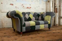 2 Seater Patchwork Chesterfield Sofa - Green & Grey Velvets Herringbone Wool, Unique British Handmade Furniture