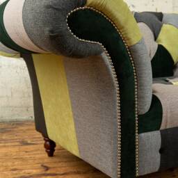2 Seater Patchwork Chesterfield Sofa - Green & Grey Velvets Herringbone Wool, Unique British Handmade Furniture - thumbnail 3