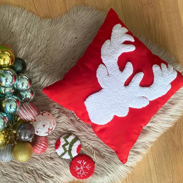 Handmade Embroidered Reindeer Pillow, Christmas Decor - image 1