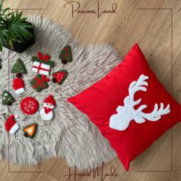 Handmade Embroidered Reindeer Pillow, Christmas Decor - thumbnail 3