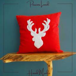 Handmade Embroidered Reindeer Pillow, Christmas Decor - thumbnail 2