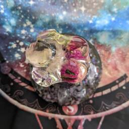 Resin Female Figure On Quartz Point Crystal Stand With Dried Gomphrena, Purple Mime Stock, African Sunstone, Tiger's Eye, Rutilated - thumbnail 3