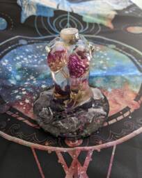 Resin Female Figure On Quartz Point Crystal Stand With Dried Gomphrena, Purple Mime Stock, African Sunstone, Tiger's Eye, Rutilated