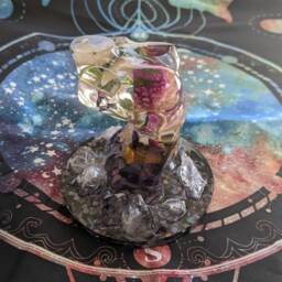 Resin Female Figure On Quartz Point Crystal Stand With Dried Gomphrena, Purple Mime Stock, African Sunstone, Tiger's Eye, Rutilated - thumbnail 2