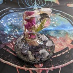Resin Female Figure On Quartz Point Crystal Stand With Dried Gomphrena, Purple Mime Stock, African Sunstone, Tiger's Eye, Rutilated - thumbnail 4
