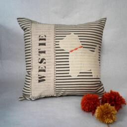 Westie Dog Pillow Striped Cotton, Felt Silhouette Accent Pillow - thumbnail 1