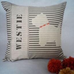 Westie Dog Pillow Striped Cotton, Felt Silhouette Accent Pillow - thumbnail 2