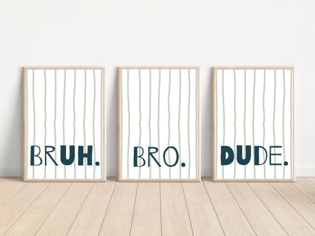 Bruh, Bro, Dude Teen & Tween Stripe Gaming Prints. Perfect For A Boys Or Girls Room, Playroom Games Room - Prints Only - image 1