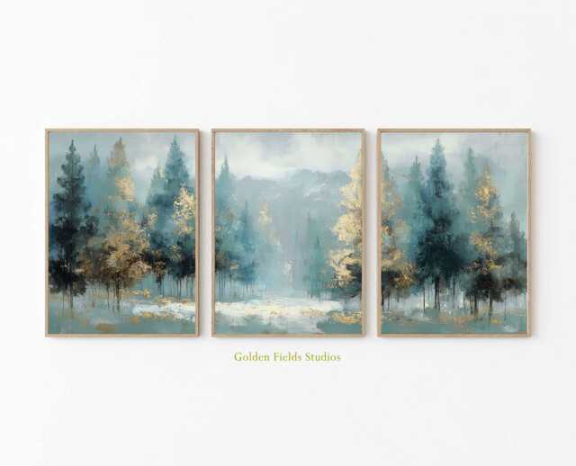 Teal & Gold Forest Wall Art Prints Abstract Woodland Landscape, Set Of 3 - image 1