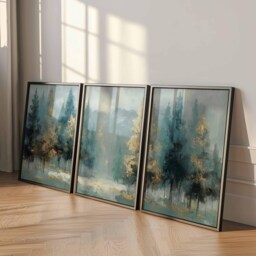 Teal & Gold Forest Wall Art Prints Abstract Woodland Landscape, Set Of 3 - thumbnail 2
