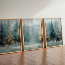 Teal & Gold Forest Wall Art Prints Abstract Woodland Landscape, Set Of 3 - thumbnail 3