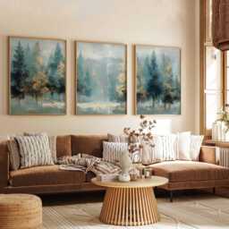 Teal & Gold Forest Wall Art Prints Abstract Woodland Landscape, Set Of 3 - thumbnail 4