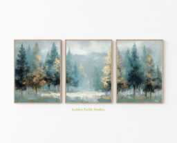 Teal & Gold Forest Wall Art Prints Abstract Woodland Landscape, Set Of 3