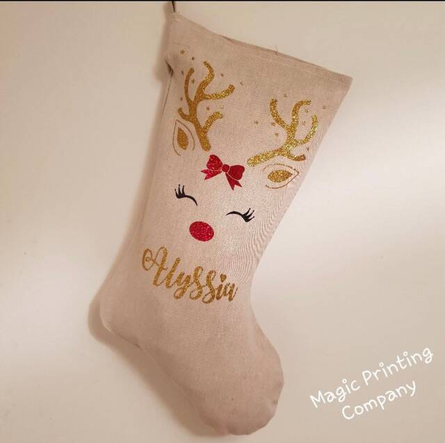 Personalised Christmas Stocking Any Name Reindeer Rudolf Xmas Gift Bag Present Baby Deer Girls Decoration Tree Linen Glitter 1St - image 1