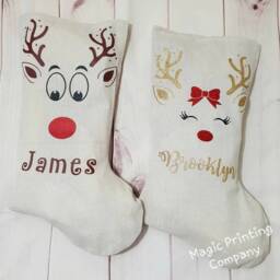 Personalised Christmas Stocking Any Name Reindeer Rudolf Xmas Gift Bag Present Baby Deer Girls Decoration Tree Linen Glitter 1St - thumbnail 3