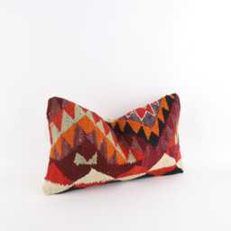 Handwoven Kilim Pillow Cover Vintage Turkish Wool Lumbar - 12x20 - thumbnail 3