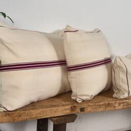 Antique Linen Cushion With Bordeaux Red Stripes - thumbnail 3