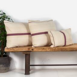 Antique Linen Cushion With Bordeaux Red Stripes - thumbnail 1
